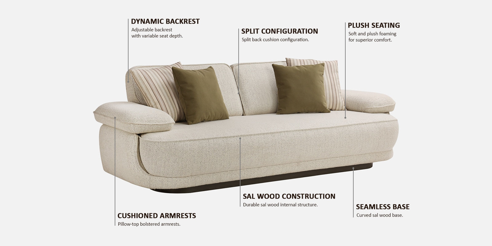 Brina Fabric 3 Seater Sofa with Adjustable Backrest in Beige Colour - Fine Arts (4)