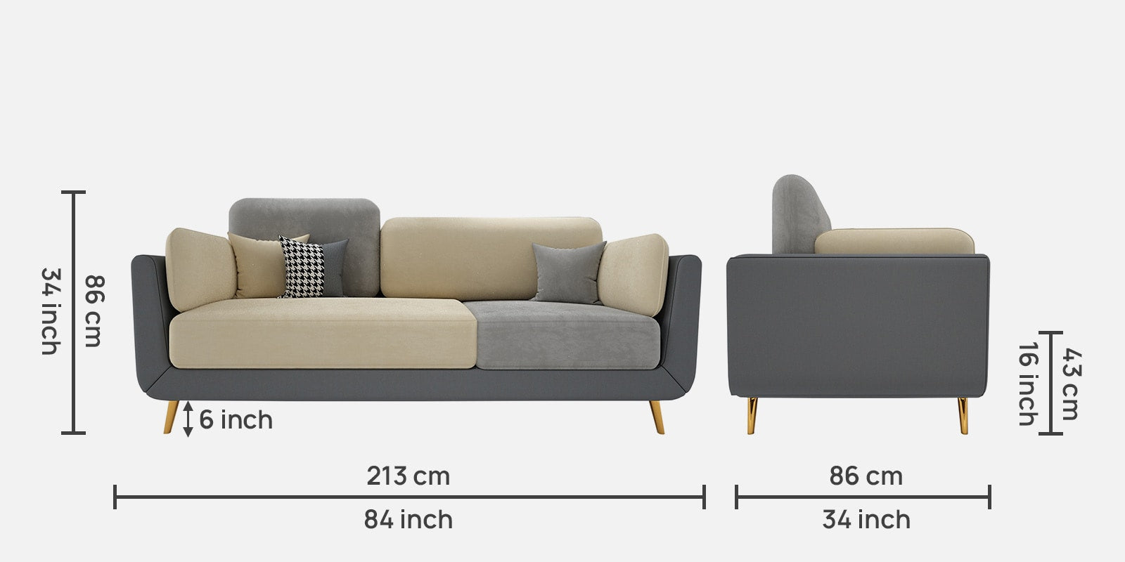 Montez Velvet 3 Seater Sofa in Grey & Beige Colour - Fine Arts (3)